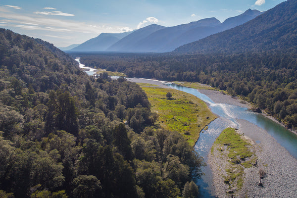 An aerial photo showing a south island fly fishing river